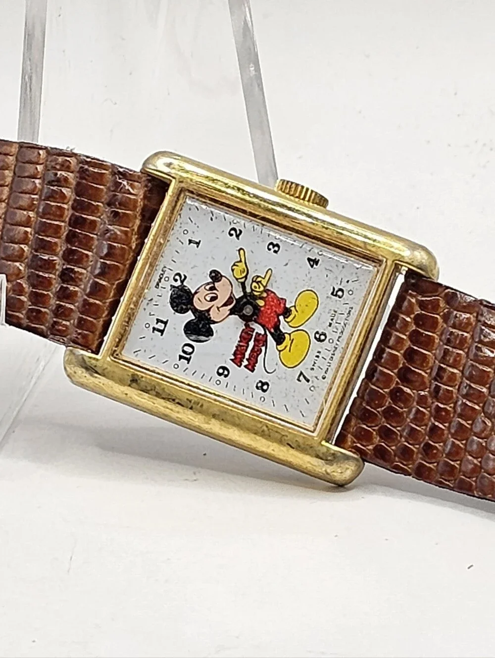 Rare Bradley Mickey Mouse Gold Rectangular 015S Swiss Made Wristwatch Running